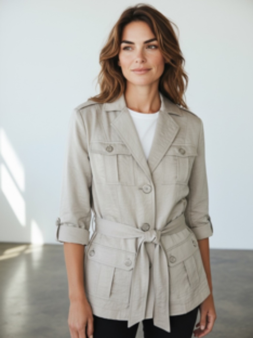 NWT 89th & Madison Belted Safari Style Stone Lined Lightweight Jacket Size L